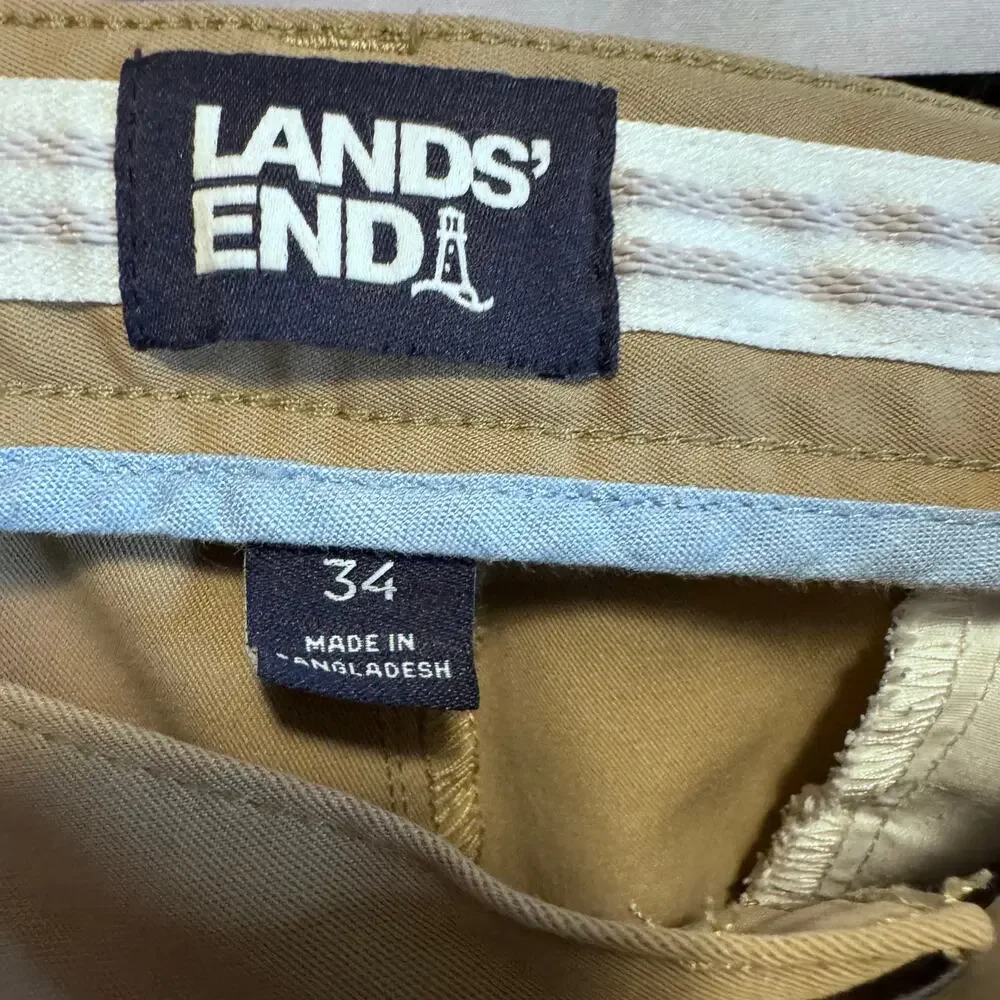 Lands' End Men's 34 Tan Chino Shorts Khaki Flat Front Classic Prep Casual 11